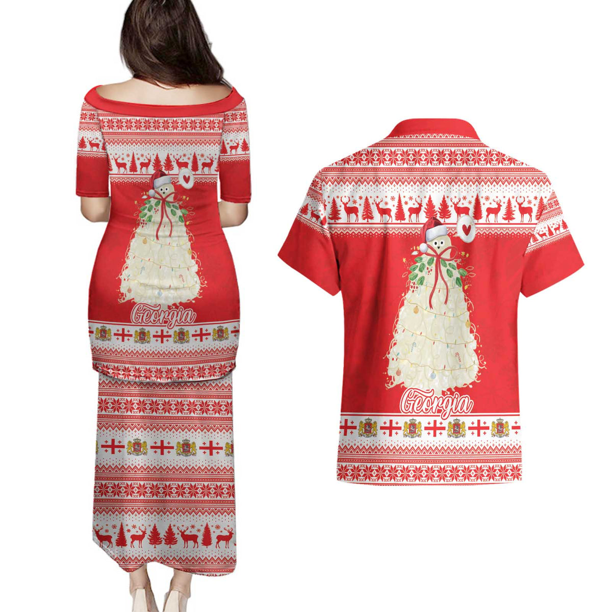 Georgia Christmas Chichilaki Couples Matching Puletasi and Hawaiian Shirt Celebrate Georgian Tradition - Wonder Print Shop