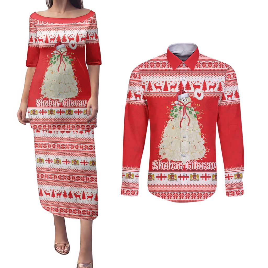 Georgia Christmas Chichilaki Couples Matching Puletasi and Long Sleeve Button Shirt Celebrate Georgian Tradition - Wonder Print Shop
