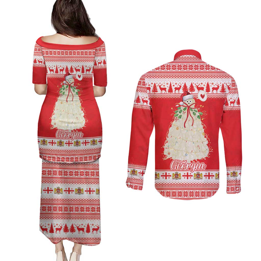 Georgia Christmas Chichilaki Couples Matching Puletasi and Long Sleeve Button Shirt Celebrate Georgian Tradition - Wonder Print Shop