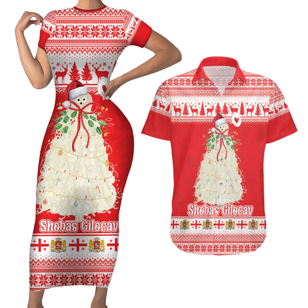 Georgia Christmas Chichilaki Couples Matching Short Sleeve Bodycon Dress and Hawaiian Shirt Celebrate Georgian Tradition - Wonder Print Shop