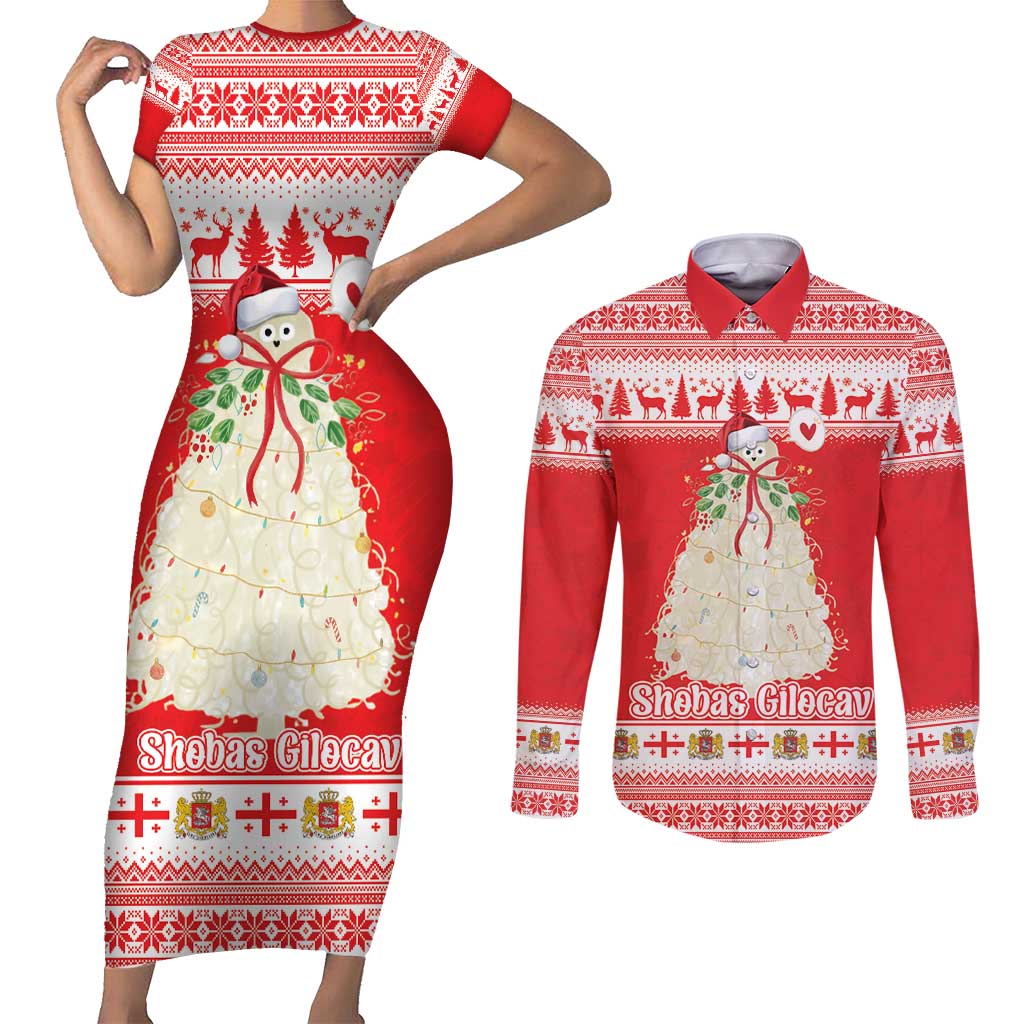 Georgia Christmas Chichilaki Couples Matching Short Sleeve Bodycon Dress and Long Sleeve Button Shirt Celebrate Georgian Tradition - Wonder Print Shop