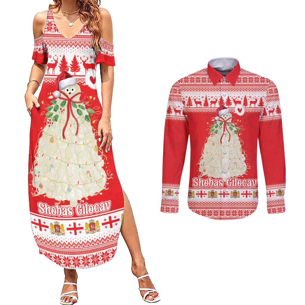 Georgia Christmas Chichilaki Couples Matching Summer Maxi Dress and Long Sleeve Button Shirt Celebrate Georgian Tradition - Wonder Print Shop