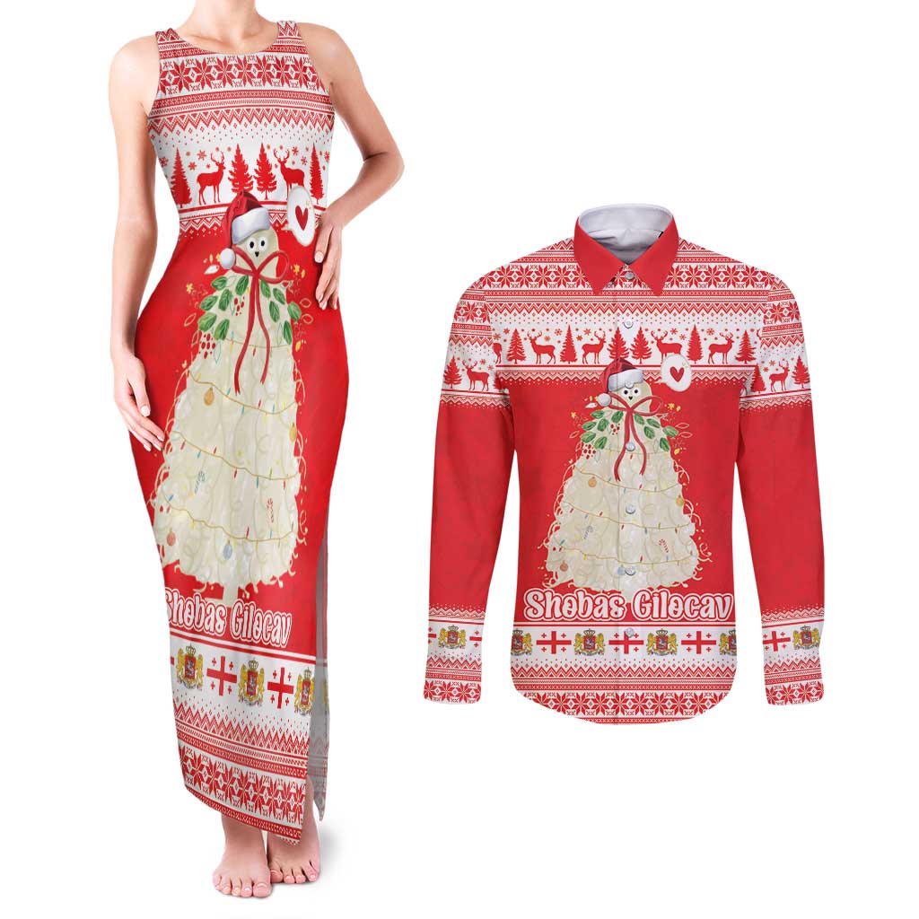 Georgia Christmas Chichilaki Couples Matching Tank Maxi Dress and Long Sleeve Button Shirt Celebrate Georgian Tradition - Wonder Print Shop