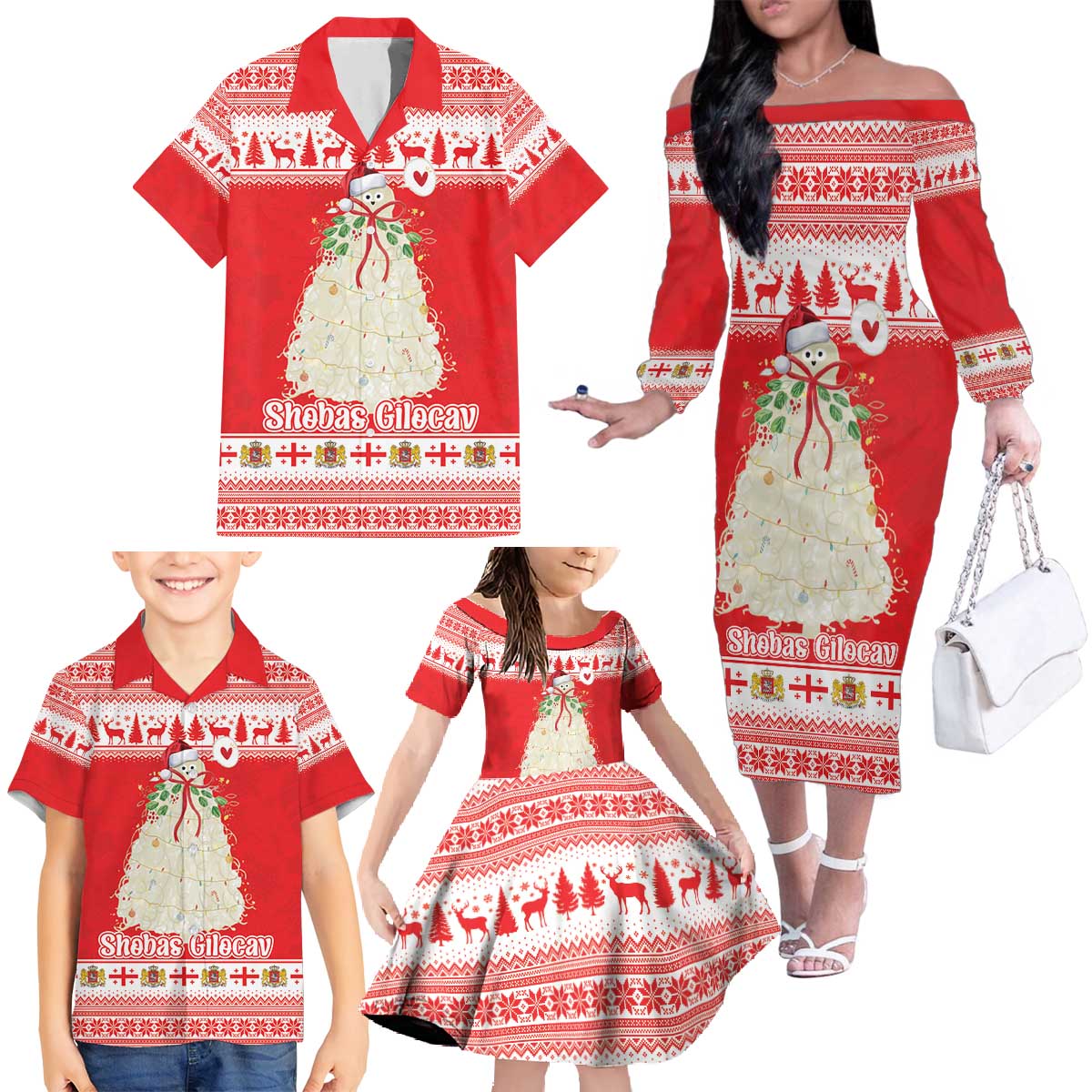 Georgia Christmas Chichilaki Family Matching Off The Shoulder Long Sleeve Dress and Hawaiian Shirt Celebrate Georgian Tradition - Wonder Print Shop