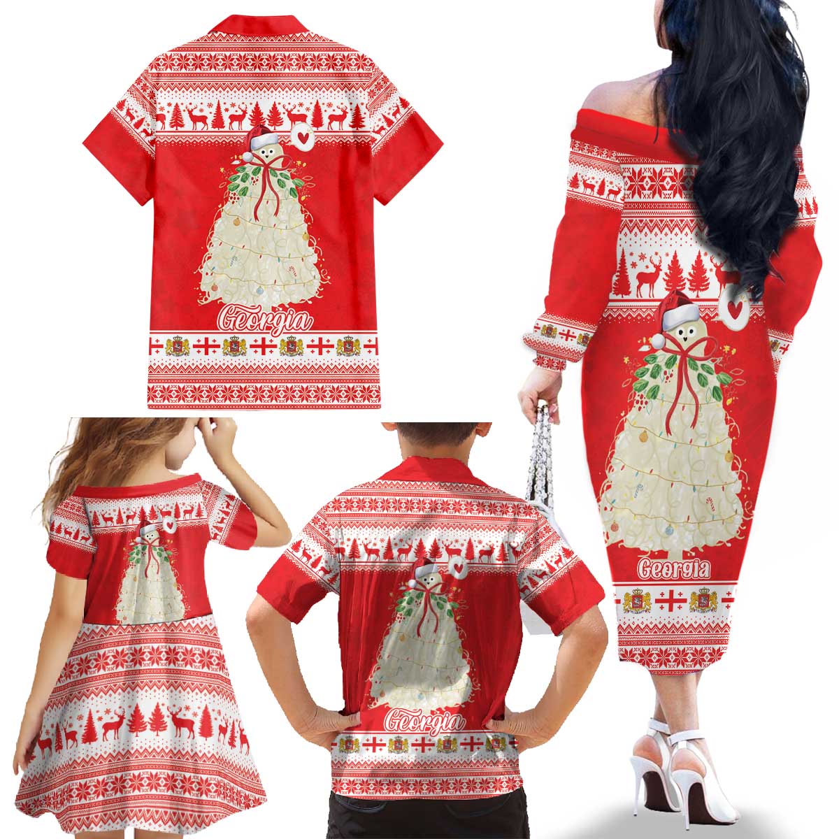 Georgia Christmas Chichilaki Family Matching Off The Shoulder Long Sleeve Dress and Hawaiian Shirt Celebrate Georgian Tradition - Wonder Print Shop