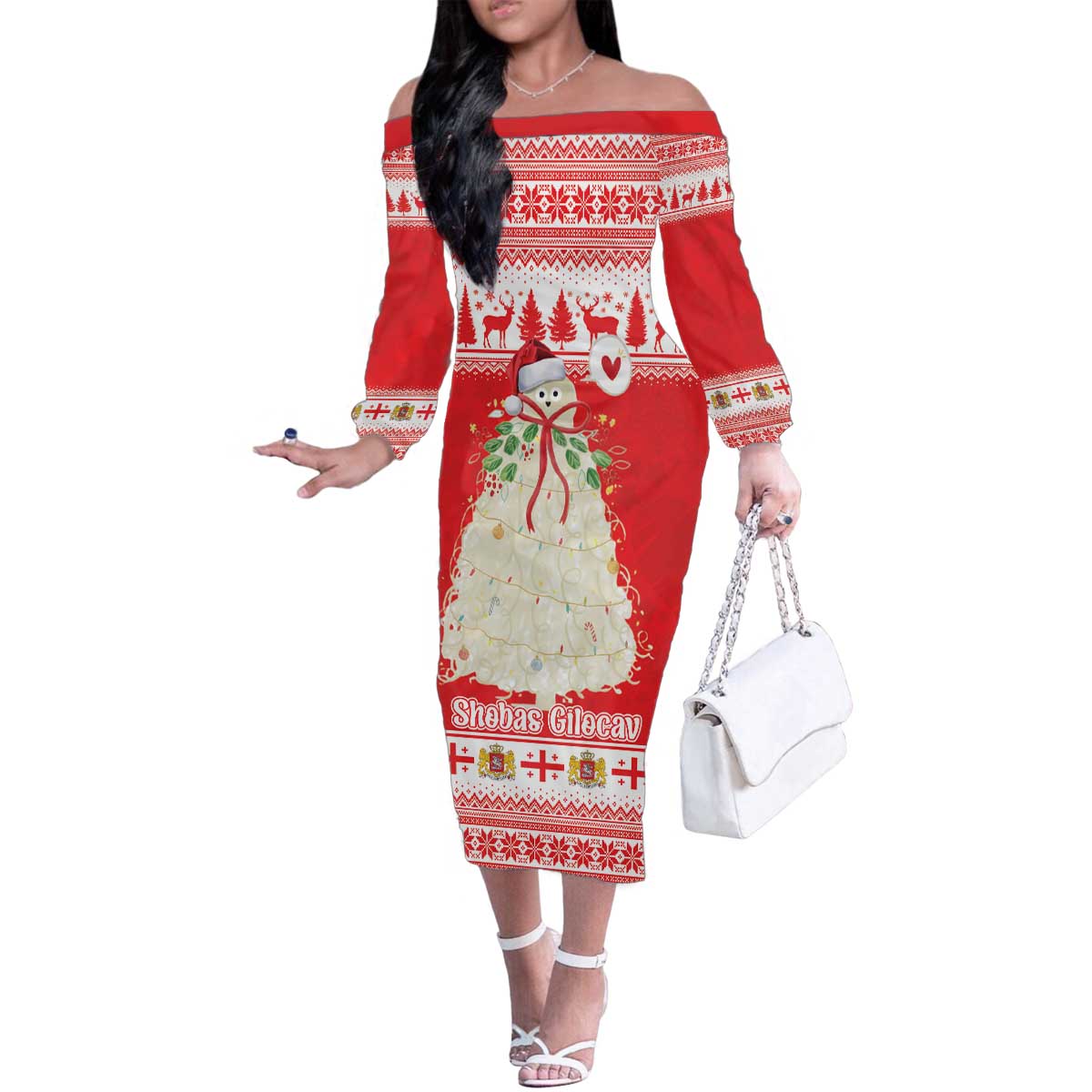 Georgia Christmas Chichilaki Family Matching Off The Shoulder Long Sleeve Dress and Hawaiian Shirt Celebrate Georgian Tradition - Wonder Print Shop