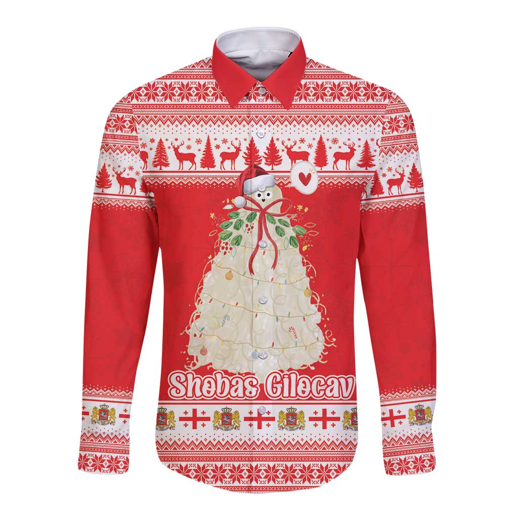 Georgia Christmas Chichilaki Long Sleeve Button Shirt Celebrate Georgian Tradition - Wonder Print Shop