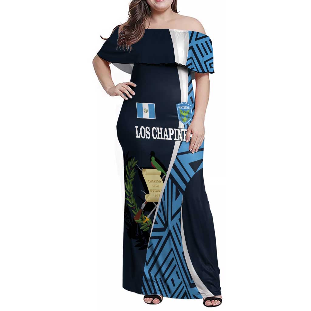 Custom Guatemala Football Family Matching Off Shoulder Maxi Dress and Hawaiian Shirt Los Chapines Go Champion - Wonder Print Shop