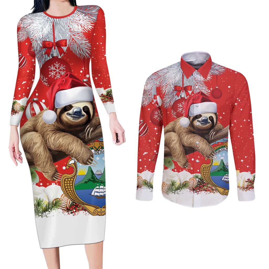 Christmas Costa Rica Couples Matching Long Sleeve Bodycon Dress and Long Sleeve Button Shirt A Cheerful Sloth Wearing a Santa Hat - Wonder Print Shop