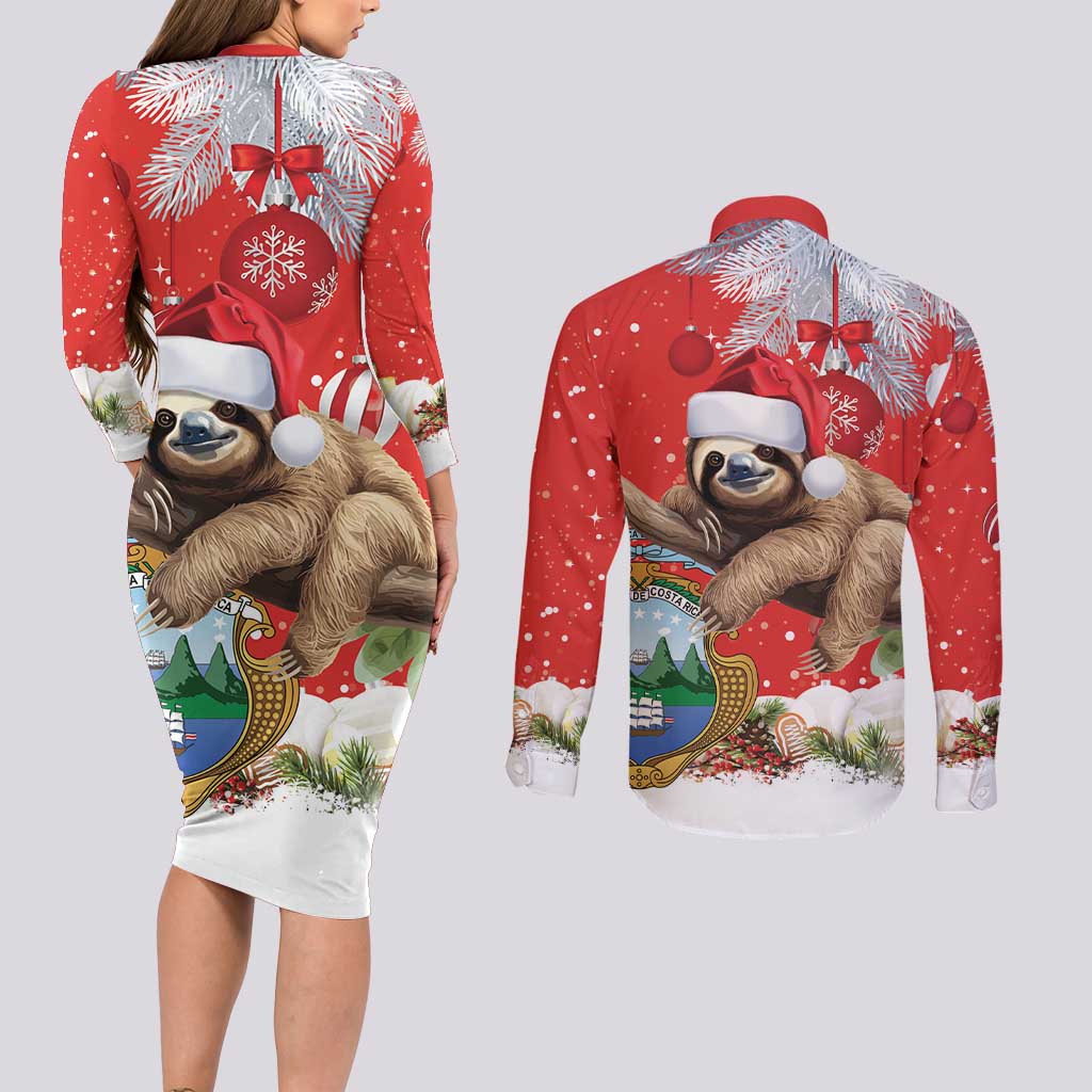 Christmas Costa Rica Couples Matching Long Sleeve Bodycon Dress and Long Sleeve Button Shirt A Cheerful Sloth Wearing a Santa Hat - Wonder Print Shop