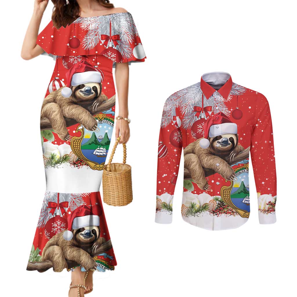 Christmas Costa Rica Couples Matching Mermaid Dress and Long Sleeve Button Shirt A Cheerful Sloth Wearing a Santa Hat