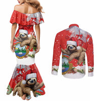 Christmas Costa Rica Couples Matching Mermaid Dress and Long Sleeve Button Shirt A Cheerful Sloth Wearing a Santa Hat