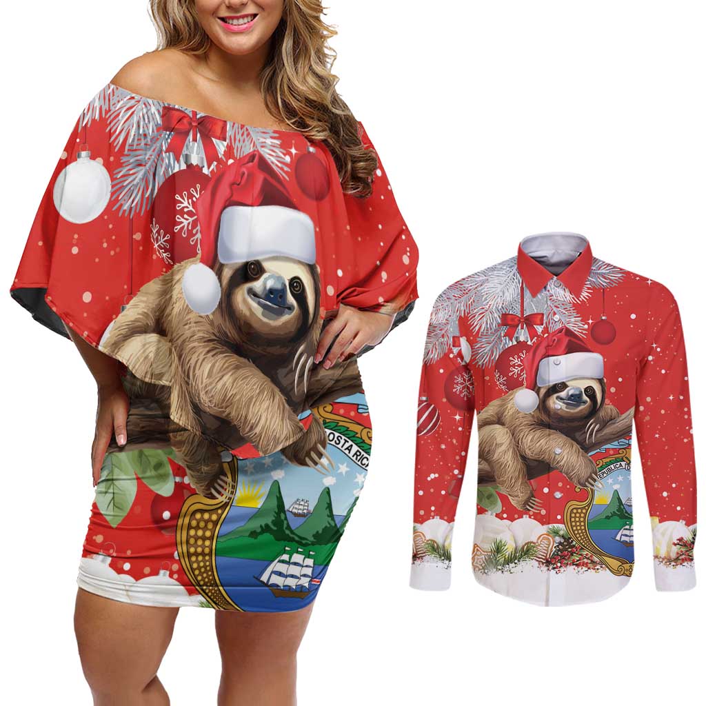 Christmas Costa Rica Couples Matching Off Shoulder Short Dress and Long Sleeve Button Shirt A Cheerful Sloth Wearing a Santa Hat - Wonder Print Shop