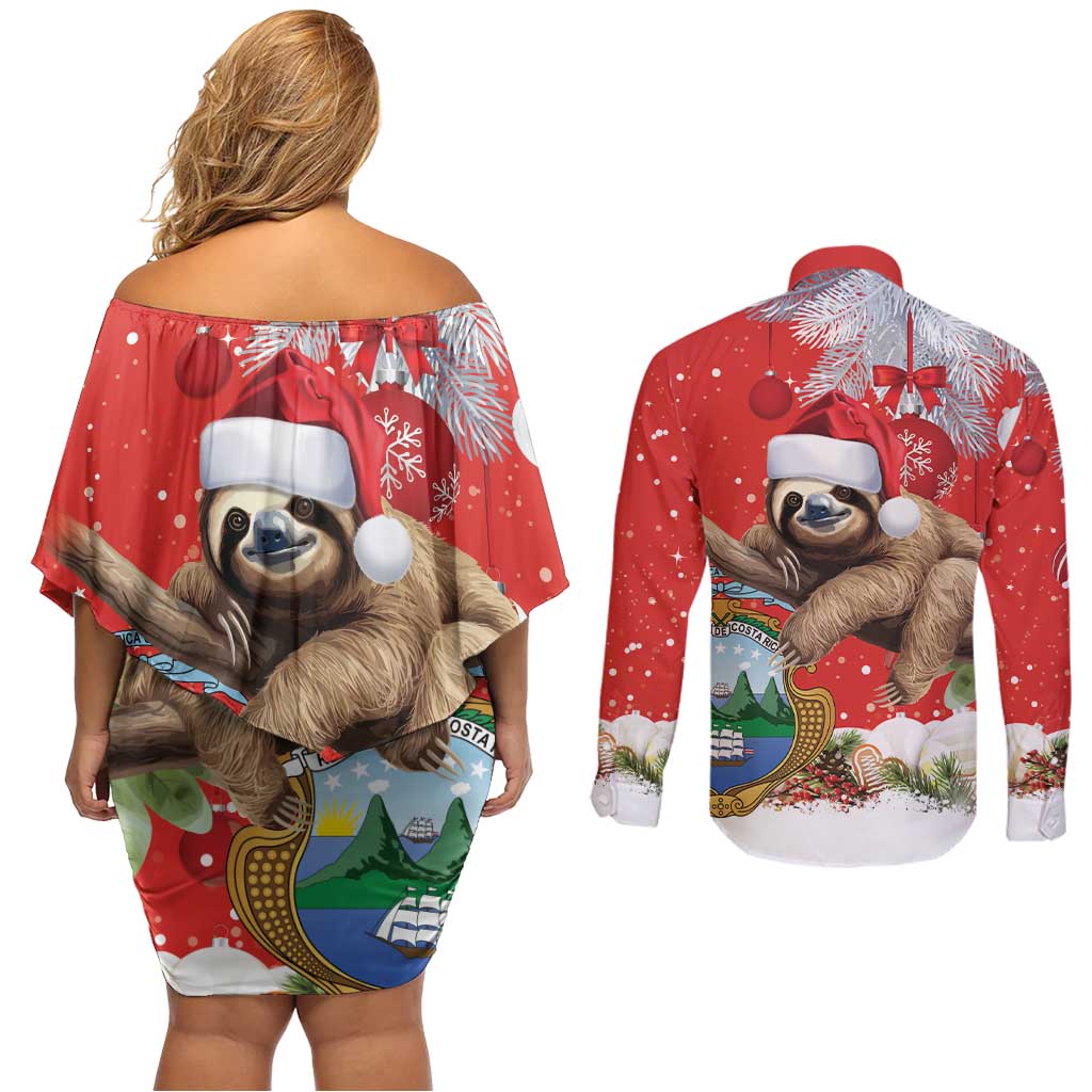 Christmas Costa Rica Couples Matching Off Shoulder Short Dress and Long Sleeve Button Shirt A Cheerful Sloth Wearing a Santa Hat - Wonder Print Shop