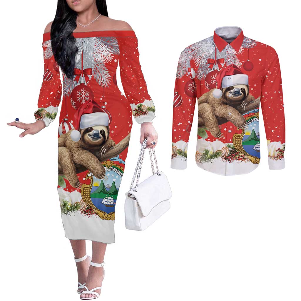 Christmas Costa Rica Couples Matching Off The Shoulder Long Sleeve Dress and Long Sleeve Button Shirt A Cheerful Sloth Wearing a Santa Hat
