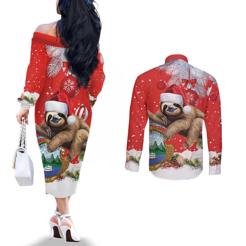 Christmas Costa Rica Couples Matching Off The Shoulder Long Sleeve Dress and Long Sleeve Button Shirt A Cheerful Sloth Wearing a Santa Hat