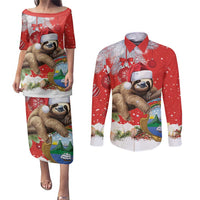 Christmas Costa Rica Couples Matching Puletasi and Long Sleeve Button Shirt A Cheerful Sloth Wearing a Santa Hat - Wonder Print Shop