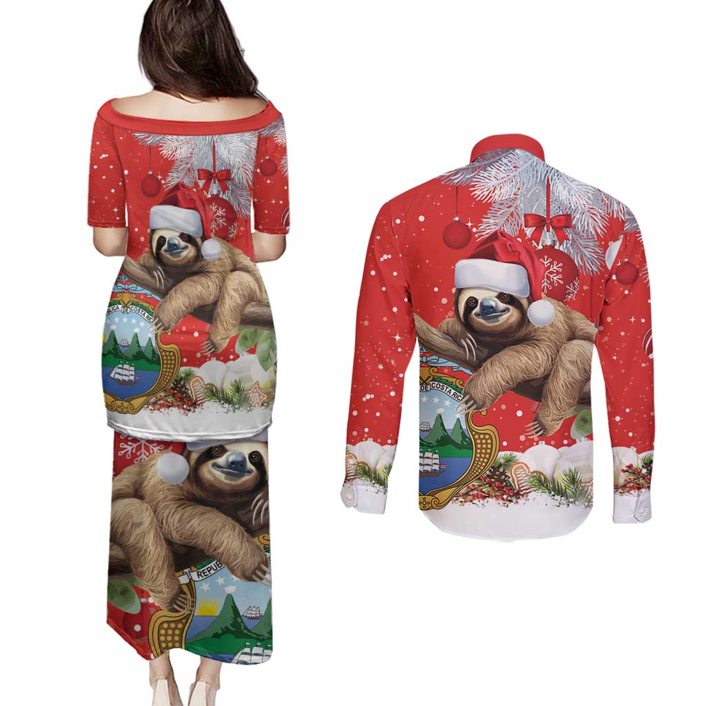 Christmas Costa Rica Couples Matching Puletasi and Long Sleeve Button Shirt A Cheerful Sloth Wearing a Santa Hat - Wonder Print Shop