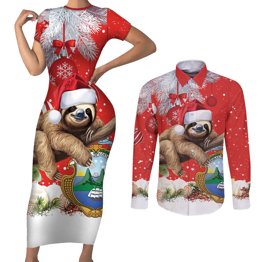 Christmas Costa Rica Couples Matching Short Sleeve Bodycon Dress and Long Sleeve Button Shirt A Cheerful Sloth Wearing a Santa Hat - Wonder Print Shop