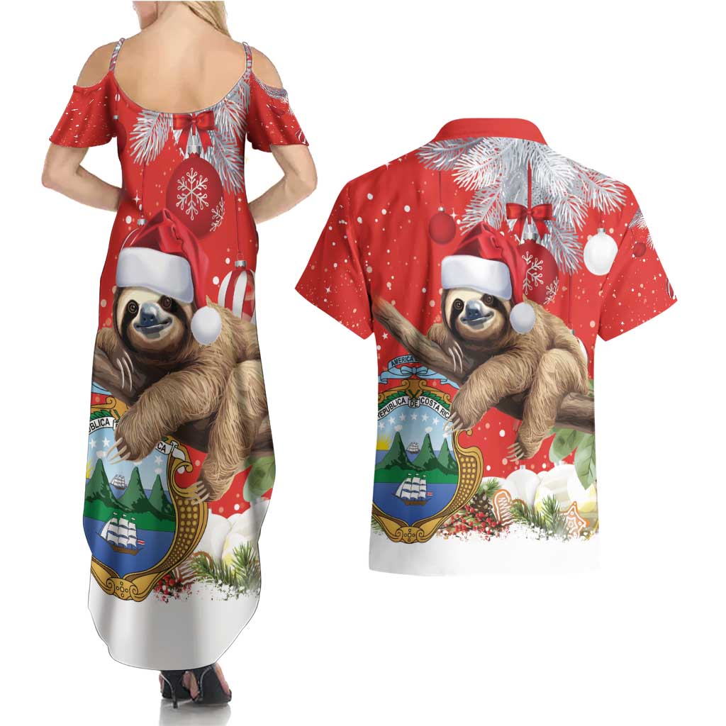 Christmas Costa Rica Couples Matching Summer Maxi Dress and Hawaiian Shirt A Cheerful Sloth Wearing a Santa Hat - Wonder Print Shop
