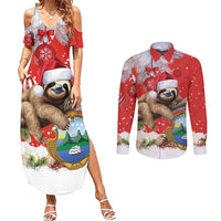 Christmas Costa Rica Couples Matching Summer Maxi Dress and Long Sleeve Button Shirt A Cheerful Sloth Wearing a Santa Hat - Wonder Print Shop