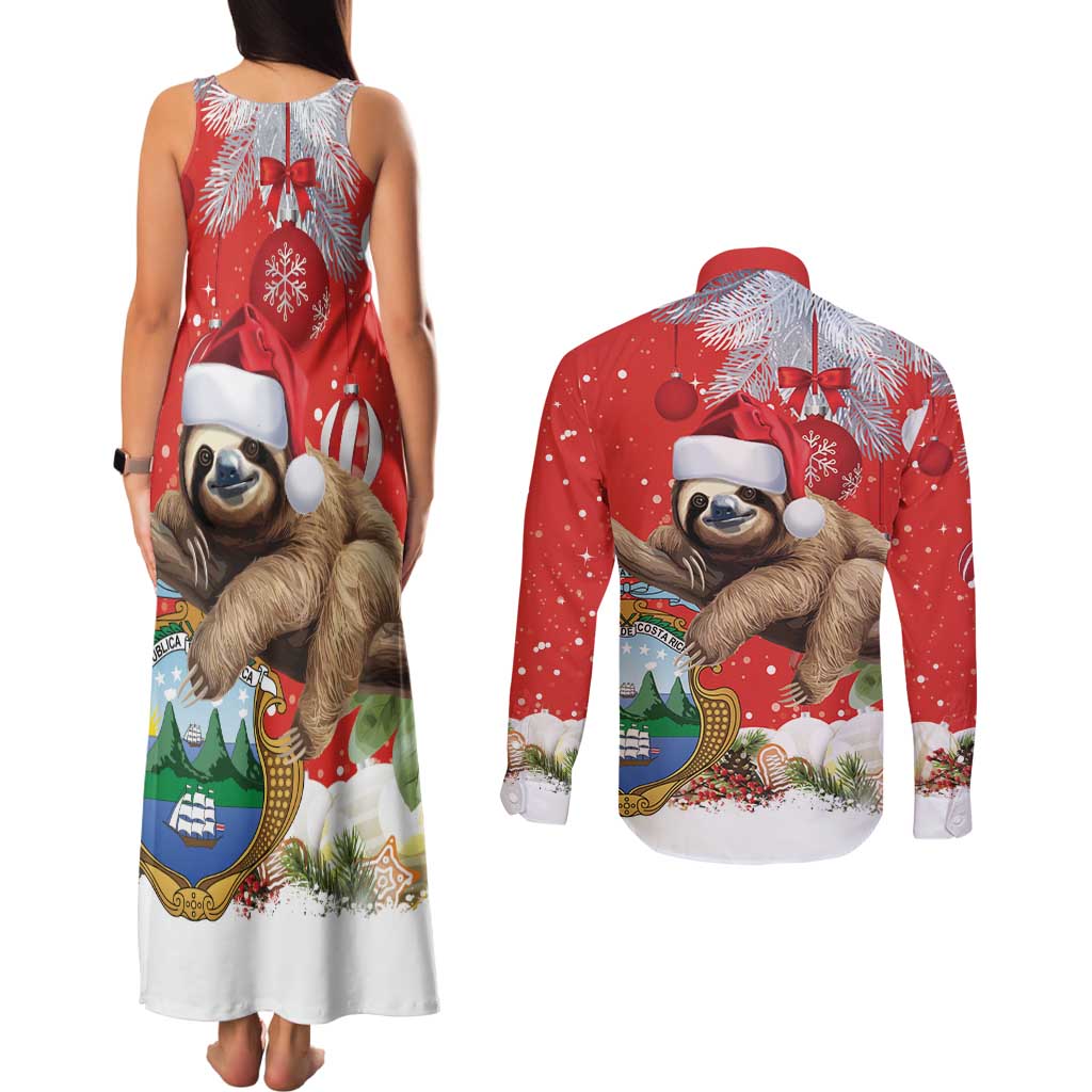 Christmas Costa Rica Couples Matching Tank Maxi Dress and Long Sleeve Button Shirt A Cheerful Sloth Wearing a Santa Hat - Wonder Print Shop