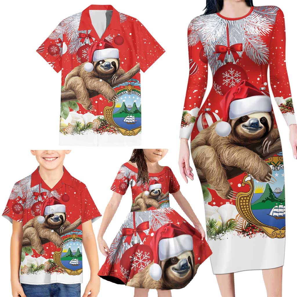 Christmas Costa Rica Family Matching Long Sleeve Bodycon Dress and Hawaiian Shirt A Cheerful Sloth Wearing a Santa Hat - Wonder Print Shop