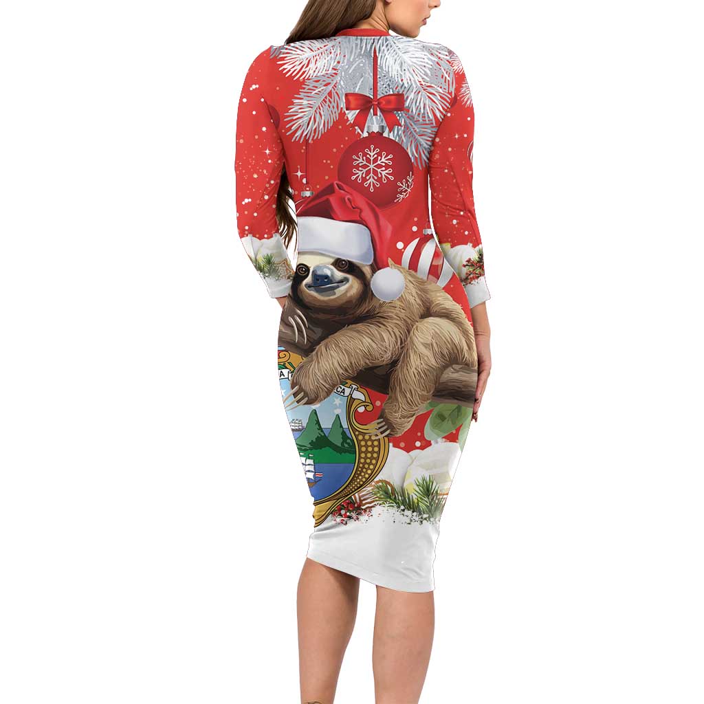 Christmas Costa Rica Family Matching Long Sleeve Bodycon Dress and Hawaiian Shirt A Cheerful Sloth Wearing a Santa Hat - Wonder Print Shop