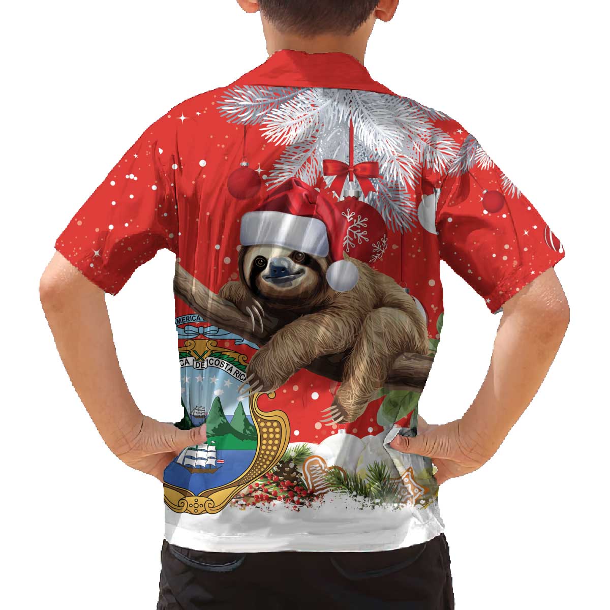 Christmas Costa Rica Family Matching Off The Shoulder Long Sleeve Dress and Hawaiian Shirt A Cheerful Sloth Wearing a Santa Hat - Wonder Print Shop