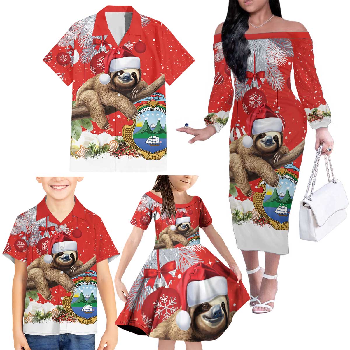 Christmas Costa Rica Family Matching Off The Shoulder Long Sleeve Dress and Hawaiian Shirt A Cheerful Sloth Wearing a Santa Hat - Wonder Print Shop