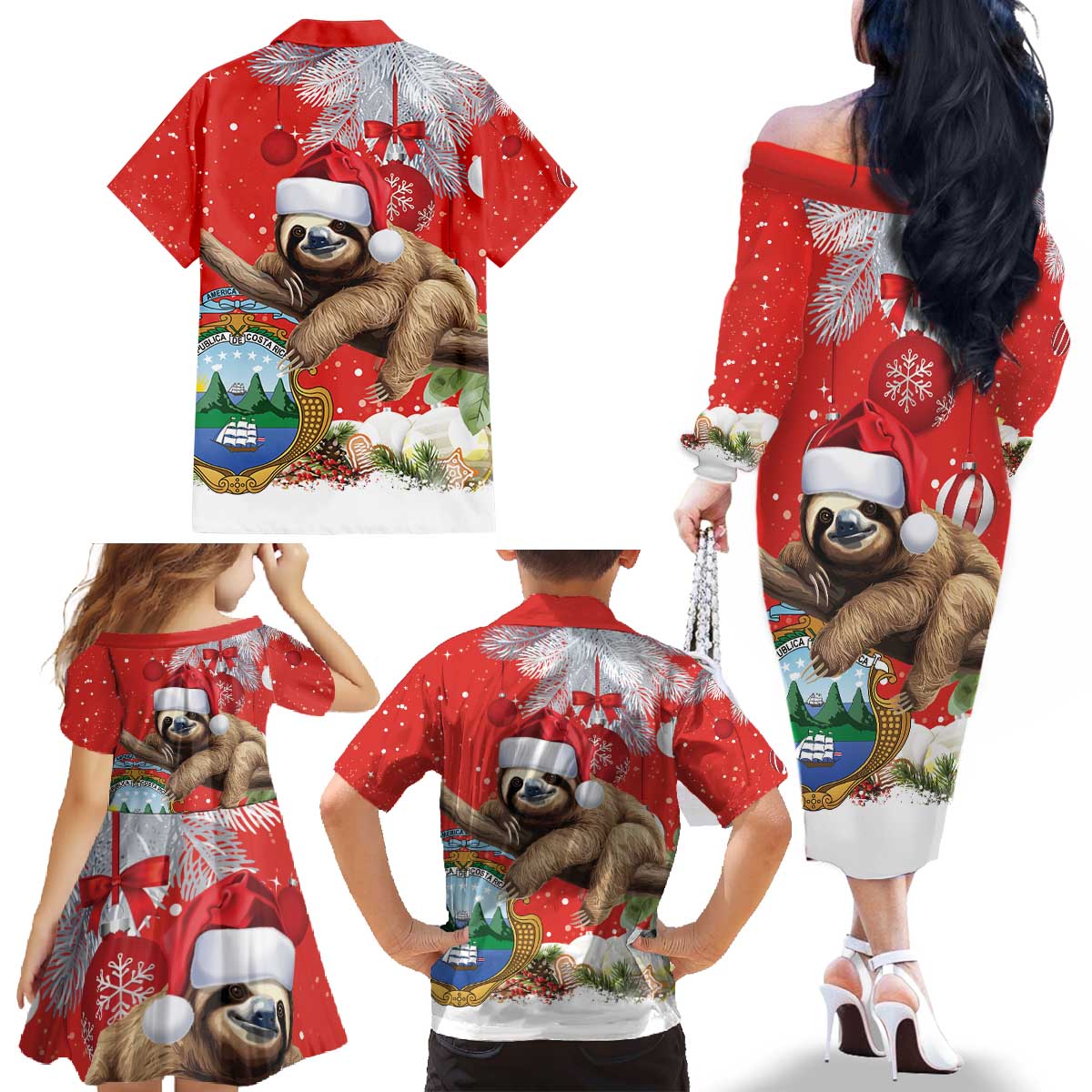 Christmas Costa Rica Family Matching Off The Shoulder Long Sleeve Dress and Hawaiian Shirt A Cheerful Sloth Wearing a Santa Hat - Wonder Print Shop