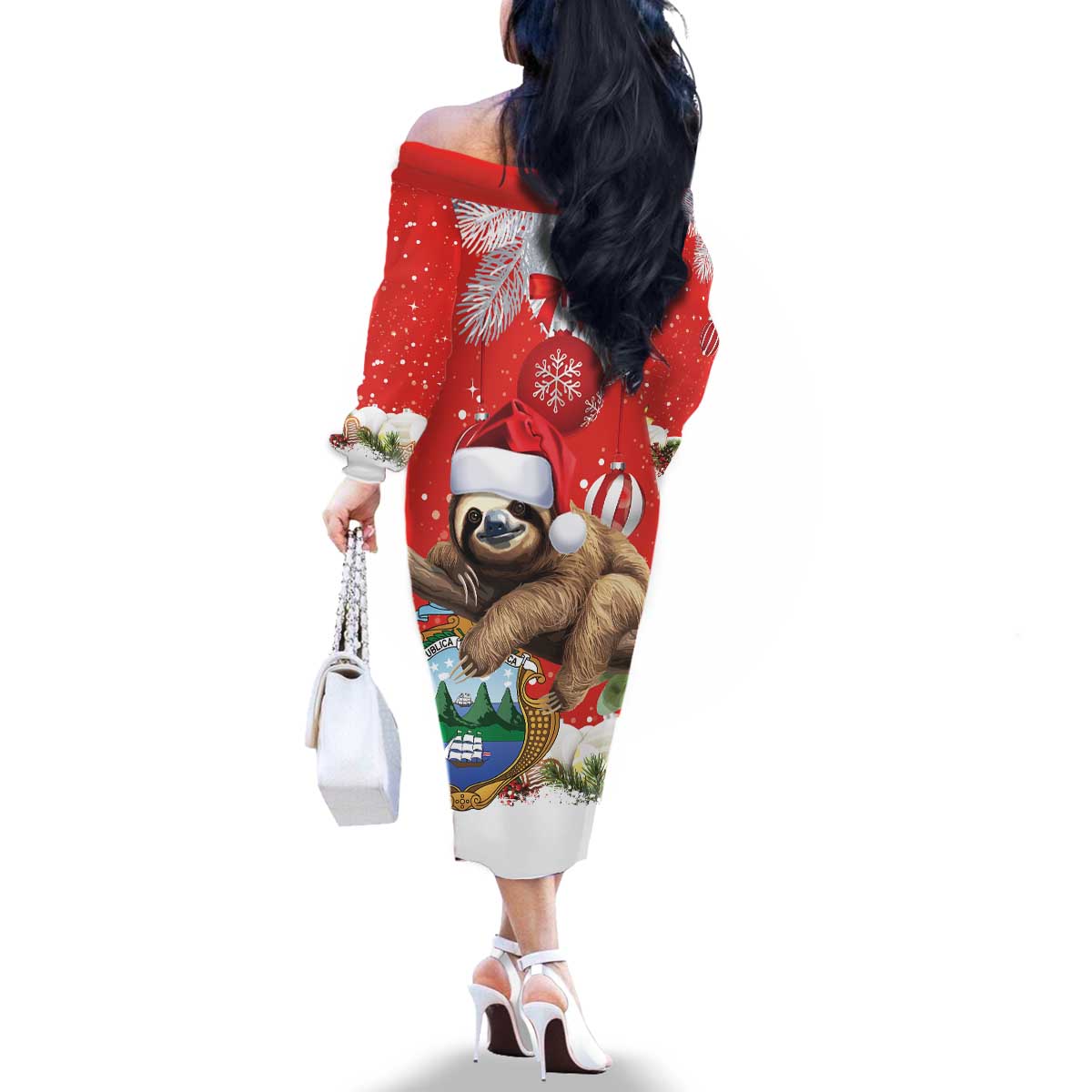 Christmas Costa Rica Family Matching Off The Shoulder Long Sleeve Dress and Hawaiian Shirt A Cheerful Sloth Wearing a Santa Hat - Wonder Print Shop