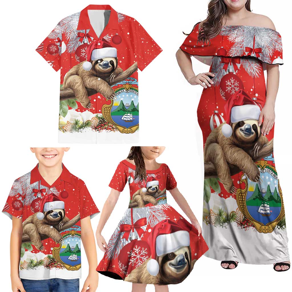 Christmas Costa Rica Family Matching Off Shoulder Maxi Dress and Hawaiian Shirt A Cheerful Sloth Wearing a Santa Hat - Wonder Print Shop
