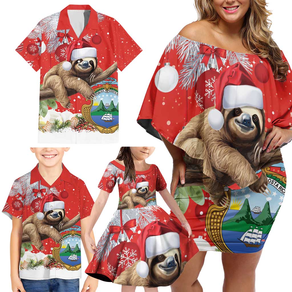 Christmas Costa Rica Family Matching Off Shoulder Short Dress and Hawaiian Shirt A Cheerful Sloth Wearing a Santa Hat - Wonder Print Shop