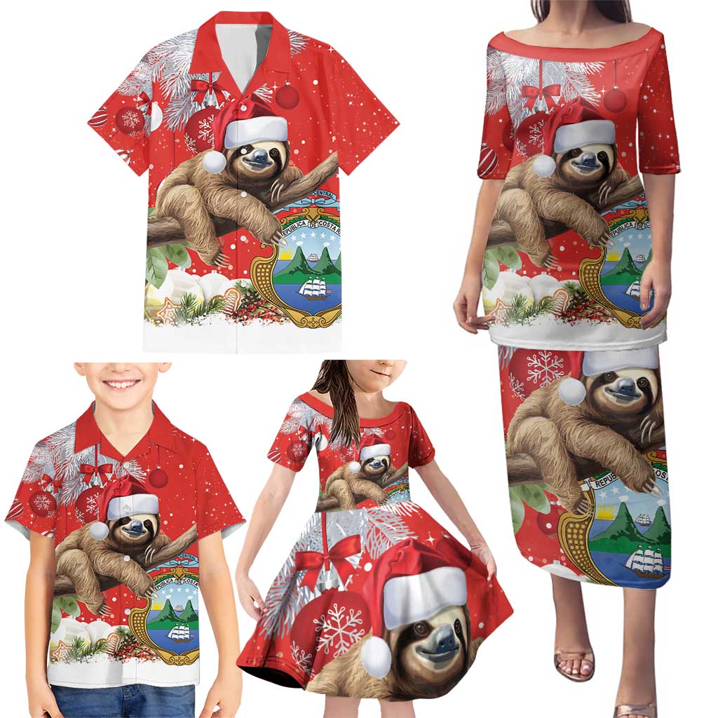 Christmas Costa Rica Family Matching Puletasi and Hawaiian Shirt A Cheerful Sloth Wearing a Santa Hat - Wonder Print Shop