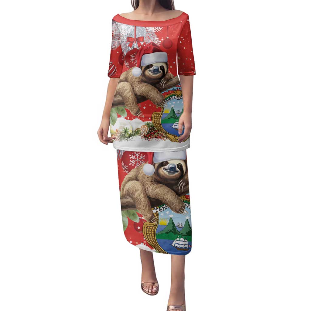 Christmas Costa Rica Family Matching Puletasi and Hawaiian Shirt A Cheerful Sloth Wearing a Santa Hat - Wonder Print Shop