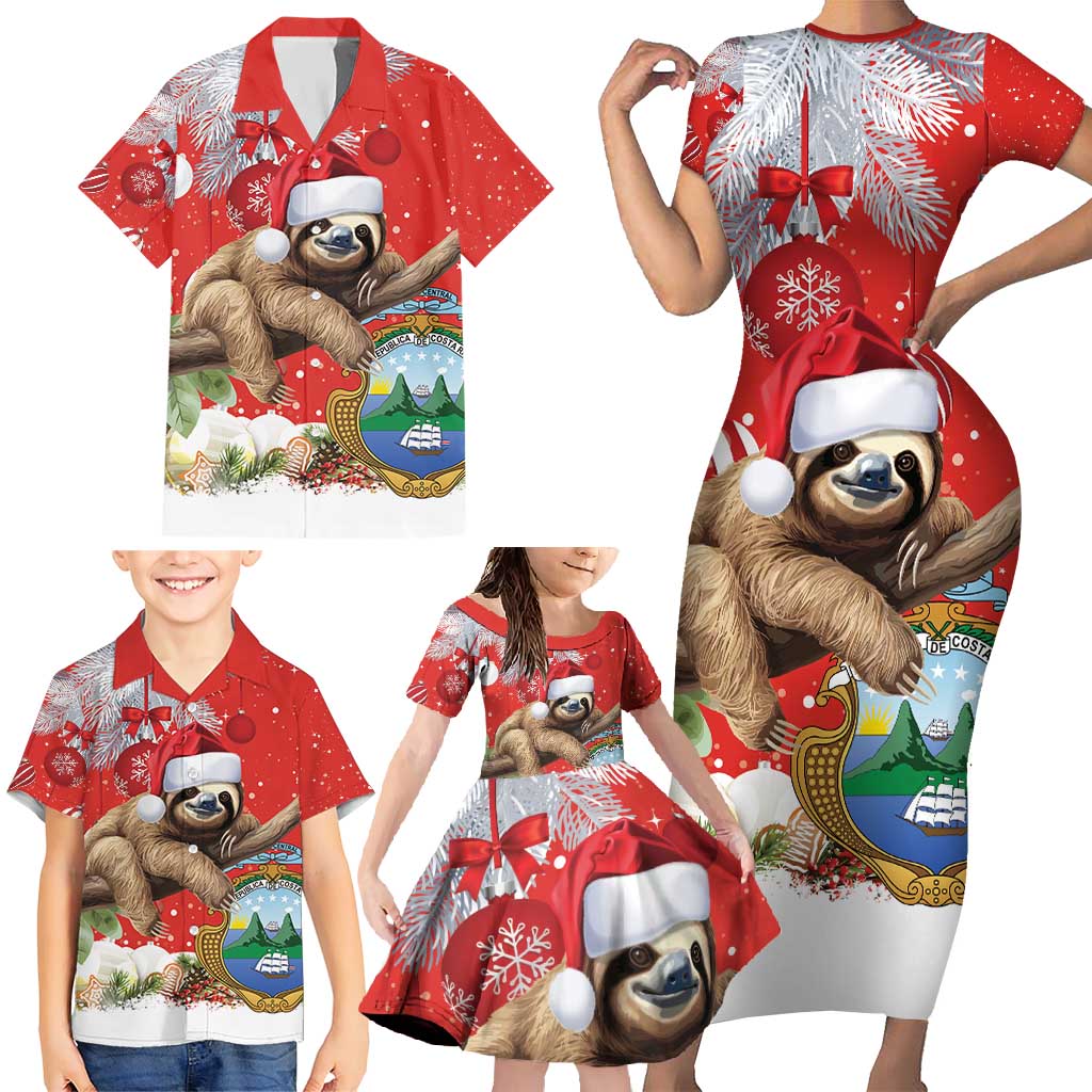 Christmas Costa Rica Family Matching Short Sleeve Bodycon Dress and Hawaiian Shirt A Cheerful Sloth Wearing a Santa Hat - Wonder Print Shop