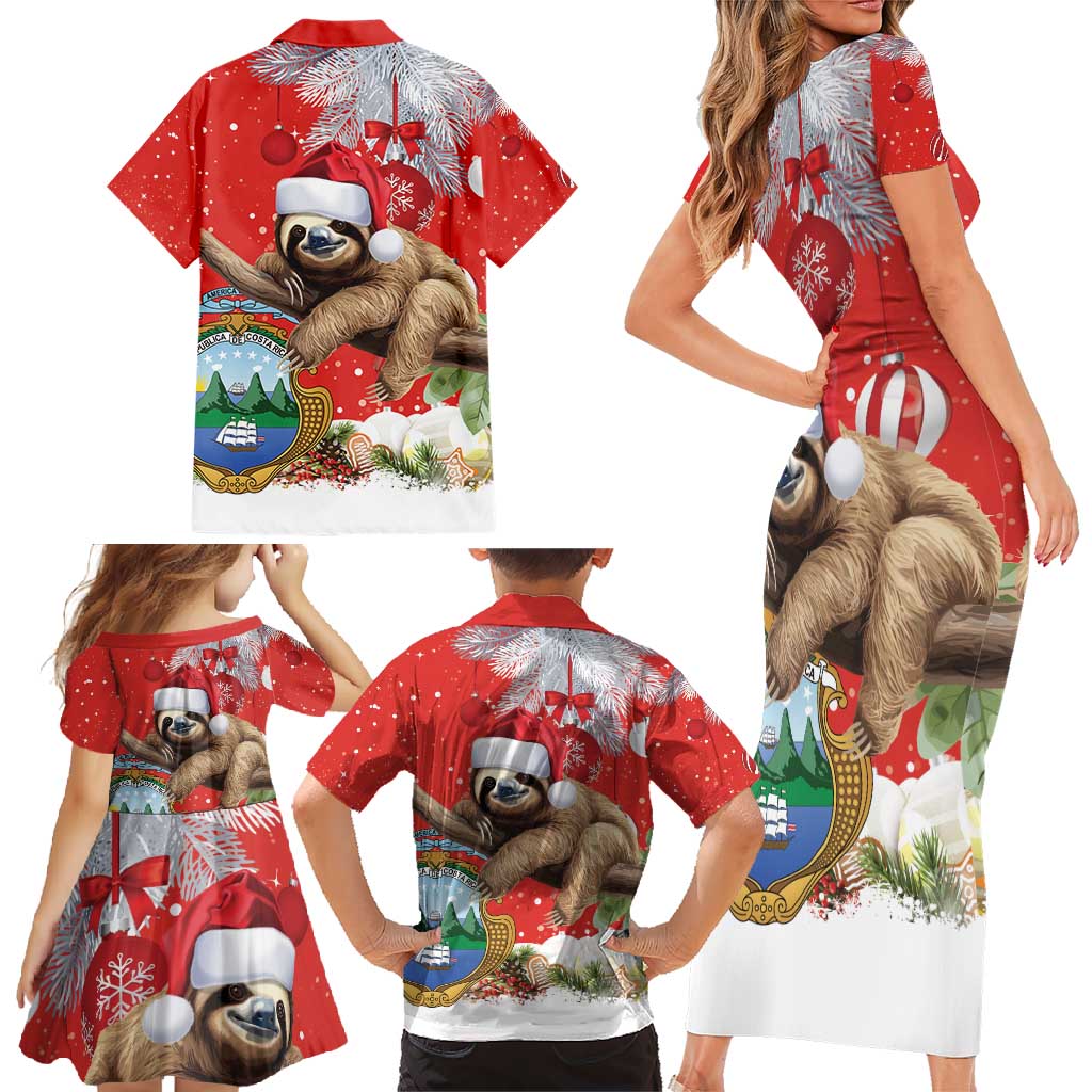 Christmas Costa Rica Family Matching Short Sleeve Bodycon Dress and Hawaiian Shirt A Cheerful Sloth Wearing a Santa Hat - Wonder Print Shop