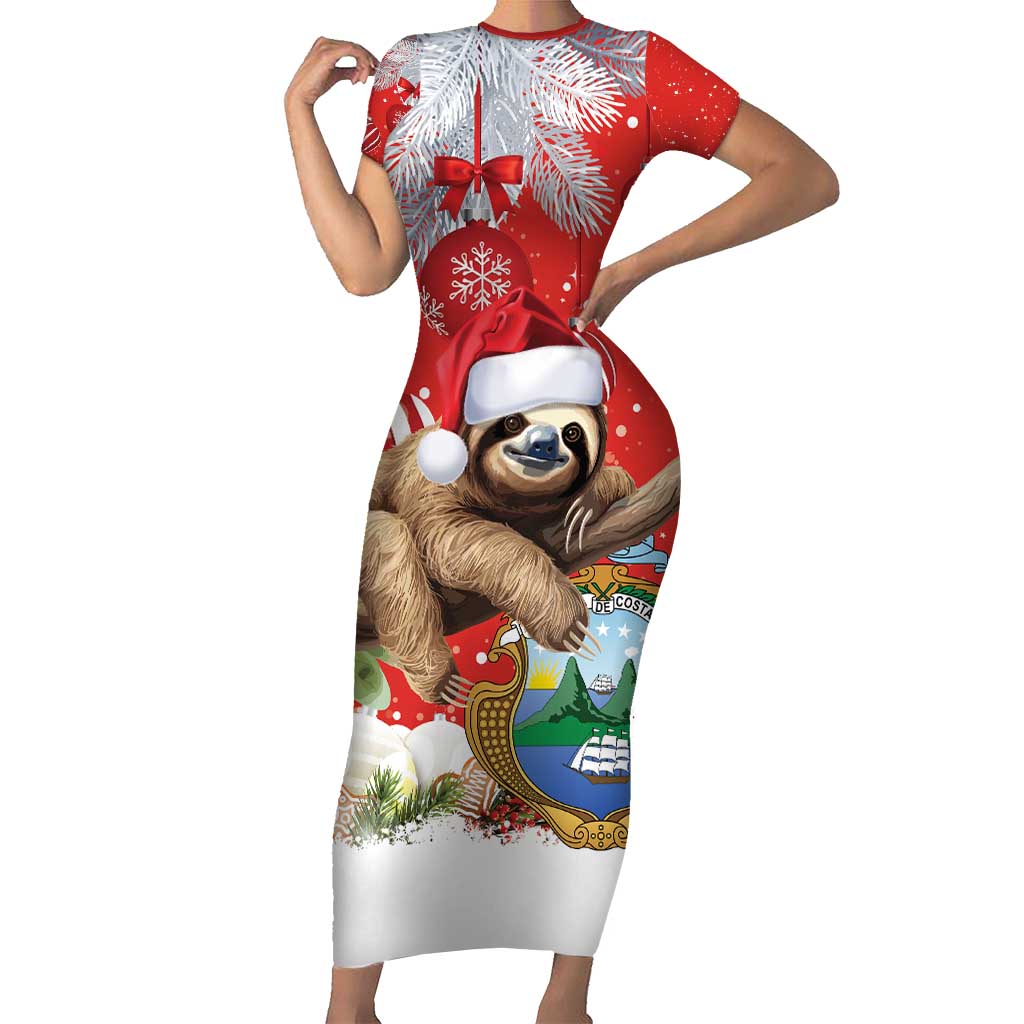 Christmas Costa Rica Family Matching Short Sleeve Bodycon Dress and Hawaiian Shirt A Cheerful Sloth Wearing a Santa Hat - Wonder Print Shop