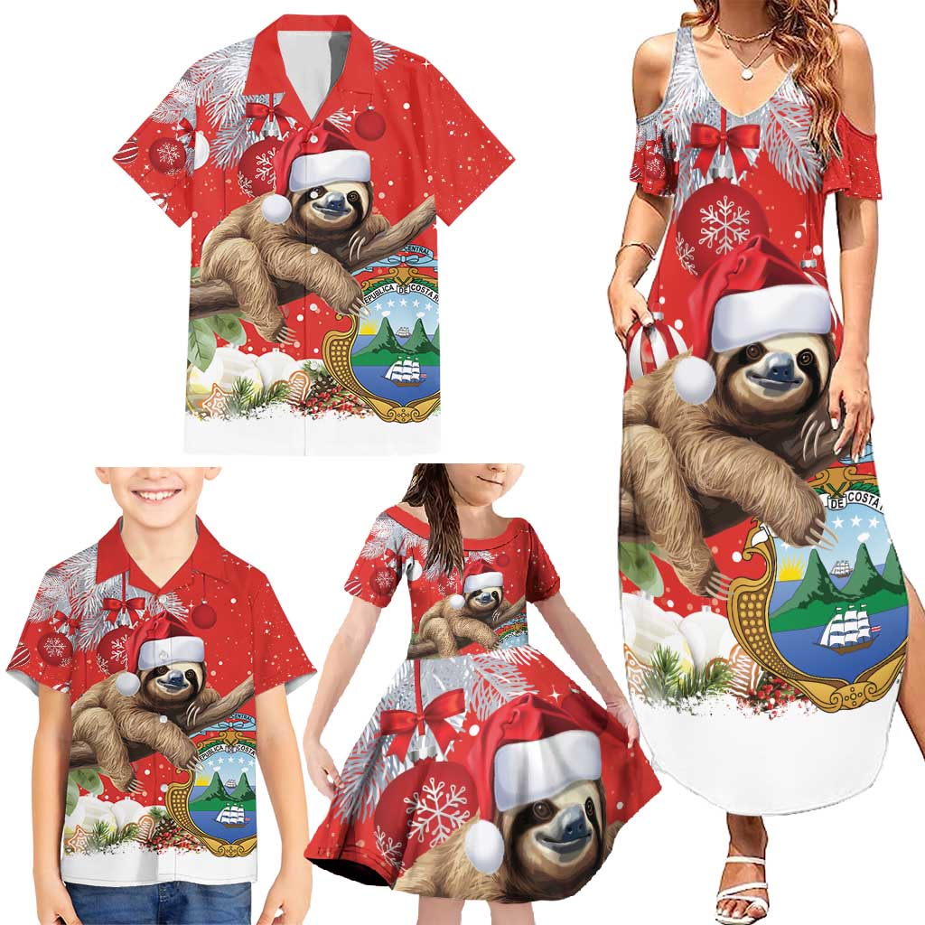 Christmas Costa Rica Family Matching Summer Maxi Dress and Hawaiian Shirt A Cheerful Sloth Wearing a Santa Hat - Wonder Print Shop