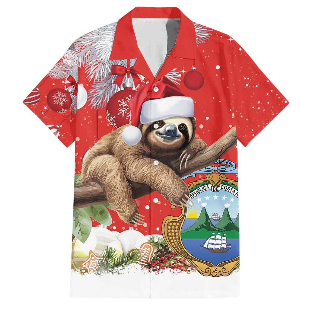 Christmas Costa Rica Family Matching Summer Maxi Dress and Hawaiian Shirt A Cheerful Sloth Wearing a Santa Hat - Wonder Print Shop