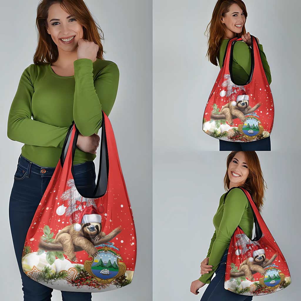 Christmas Costa Rica Grocery Bag A Cheerful Sloth Wearing a Santa Hat