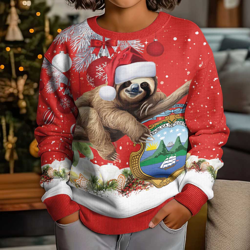 Costa Rica Christmas Kid Ugly Christmas Sweater A Cheerful Sloth Wearing a Santa Hat - Wonder Print Shop