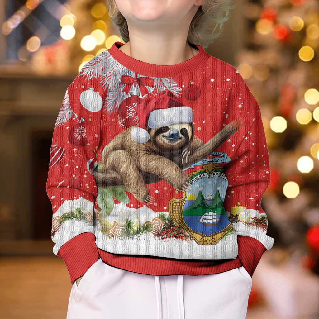 Costa Rica Christmas Kid Ugly Christmas Sweater A Cheerful Sloth Wearing a Santa Hat - Wonder Print Shop