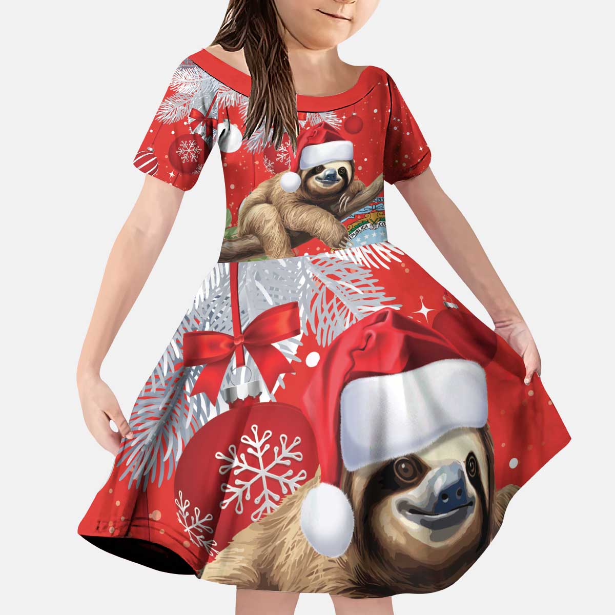 Christmas Costa Rica Kid Short Sleeve Dress A Cheerful Sloth Wearing a Santa Hat - Wonder Print Shop