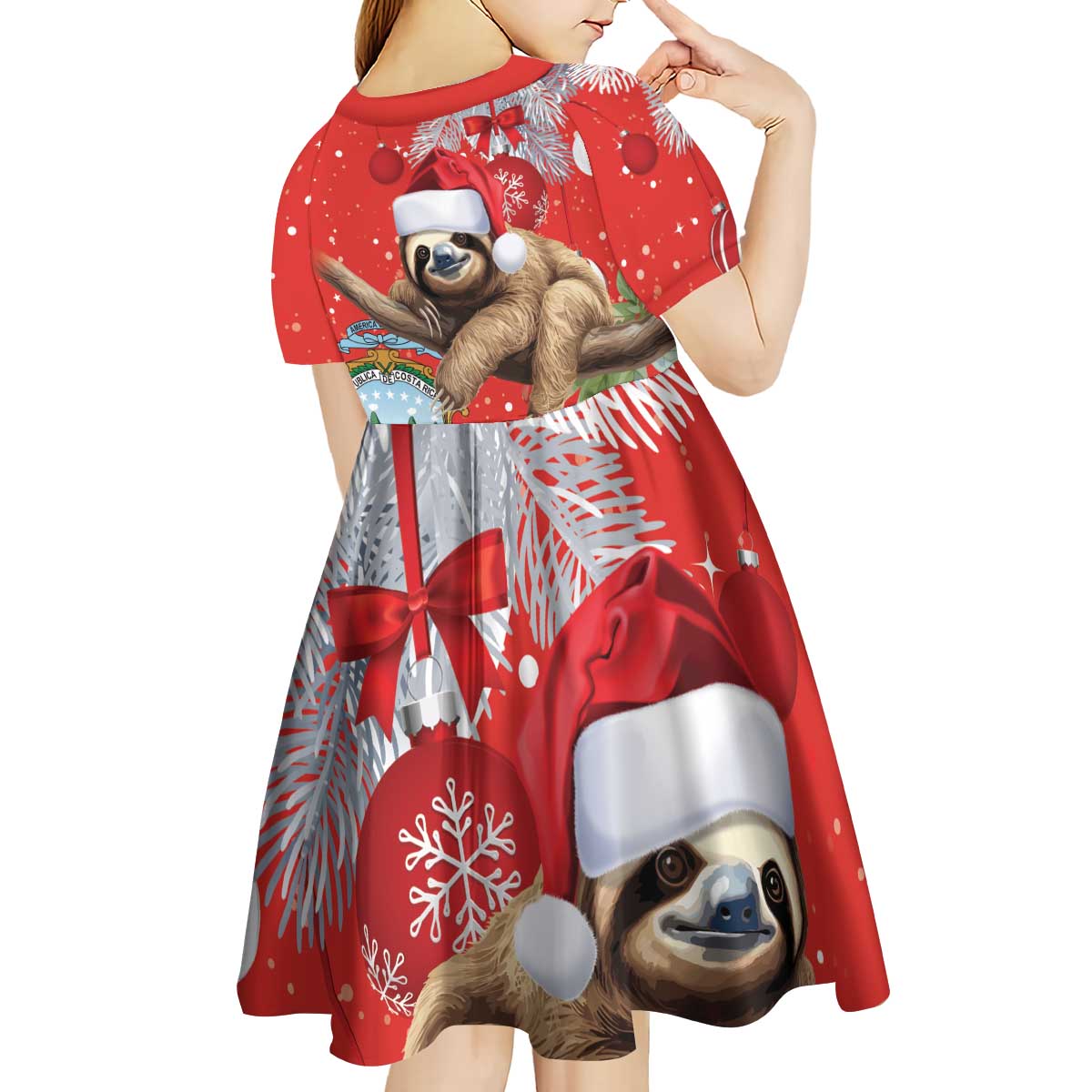 Christmas Costa Rica Kid Short Sleeve Dress A Cheerful Sloth Wearing a Santa Hat - Wonder Print Shop