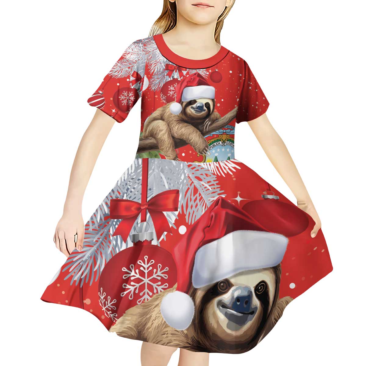 Christmas Costa Rica Kid Short Sleeve Dress A Cheerful Sloth Wearing a Santa Hat - Wonder Print Shop