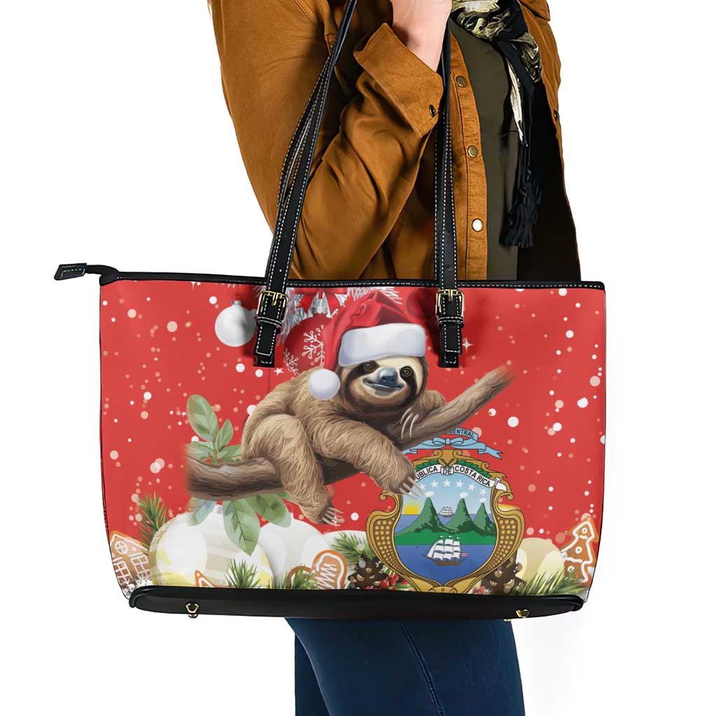 Christmas Costa Rica Leather Tote Bag A Cheerful Sloth Wearing a Santa Hat - Wonder Print Shop