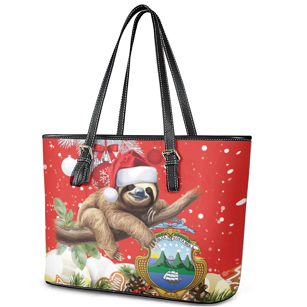 Christmas Costa Rica Leather Tote Bag A Cheerful Sloth Wearing a Santa Hat - Wonder Print Shop