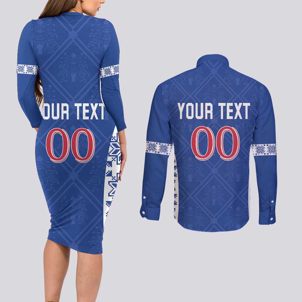 Custom Moldova Football Couples Matching Long Sleeve Bodycon Dress and Long Sleeve Button Shirt Tricolorii Tree Of Life Blue Version - Wonder Print Shop
